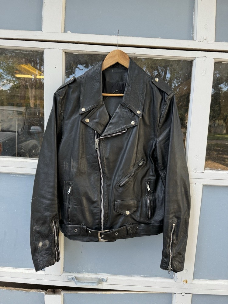 Vintage 1980s Leather Biker Jacket Size Medium Black Full Zip Bomber