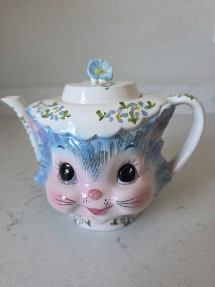 Vintage 1950s Lefton Miss Priss Kitty Blue Ceramic 4 Cup Teapot Japan #1516