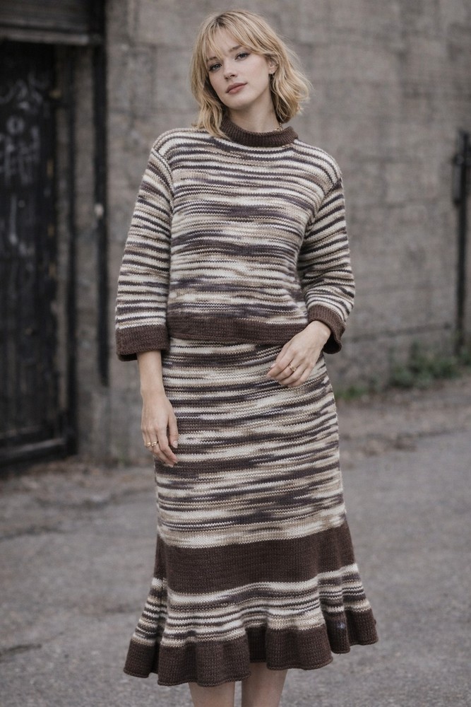 Hand Knit Sweater & Skirt Set Women’s Small Brown Ivory Boho Midi Handmade