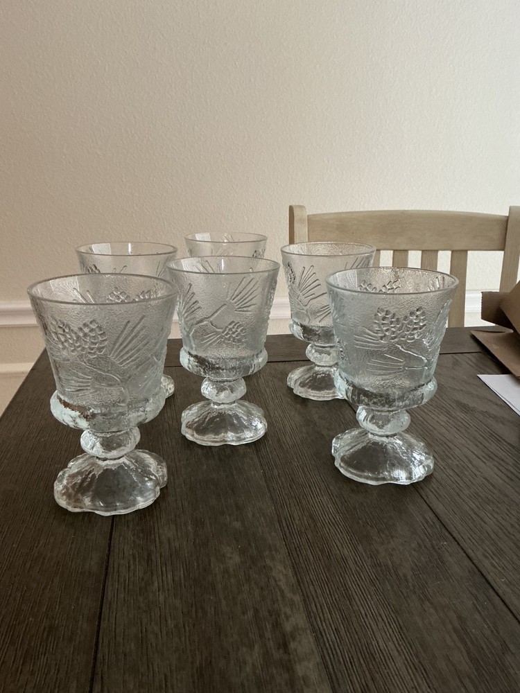 Tiara Indiana Glass Ponderosa Pine Cone Vintage Footed Goblets. Set of six