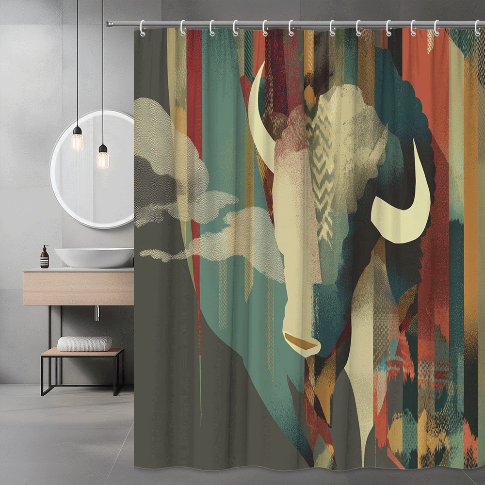 Abstract Bull Head Shower Curtain, Color Block Graphic Art