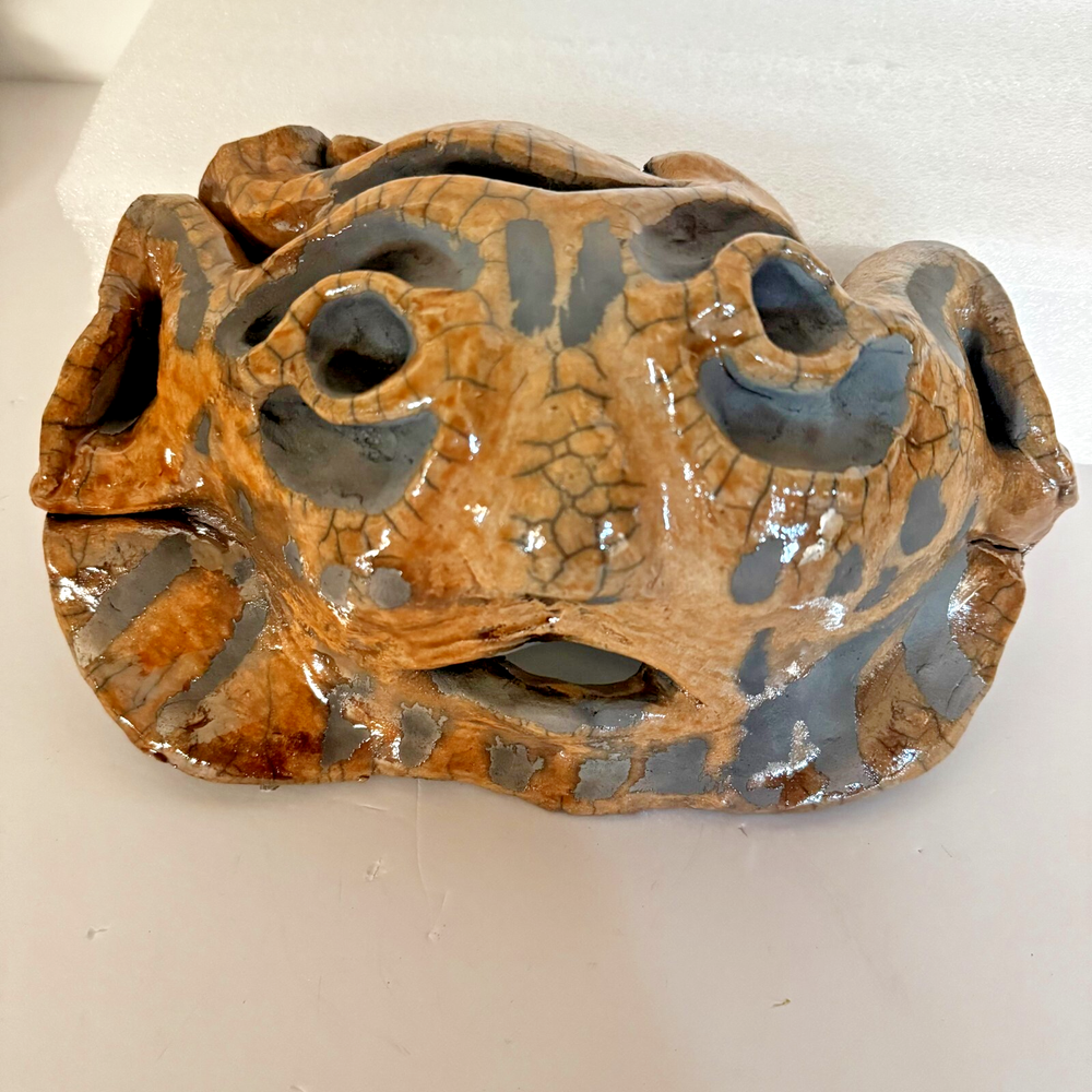 Handmade Glazed Green Tan Ceramic Pottery Face Mask Wall Art