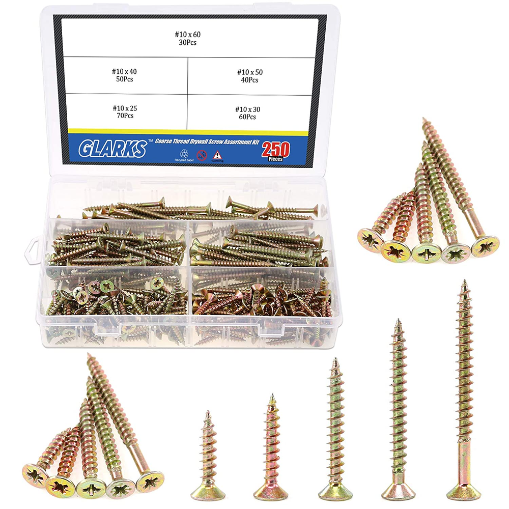 250Pcs 5 Size #10 Coarse Thread Phillips Drywall Screws with Bugle Head