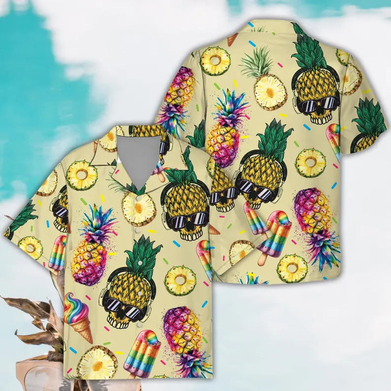 Hawaii Shirt Skull Pineapple Sunglasses Aloha Beach Summer Vacation Men's