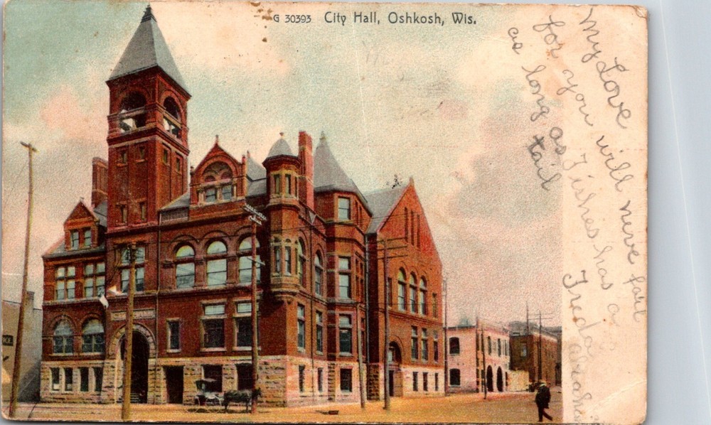 Oshkosh Wisconsin View of the City Hall 1907 Vintage Postcard              27012
