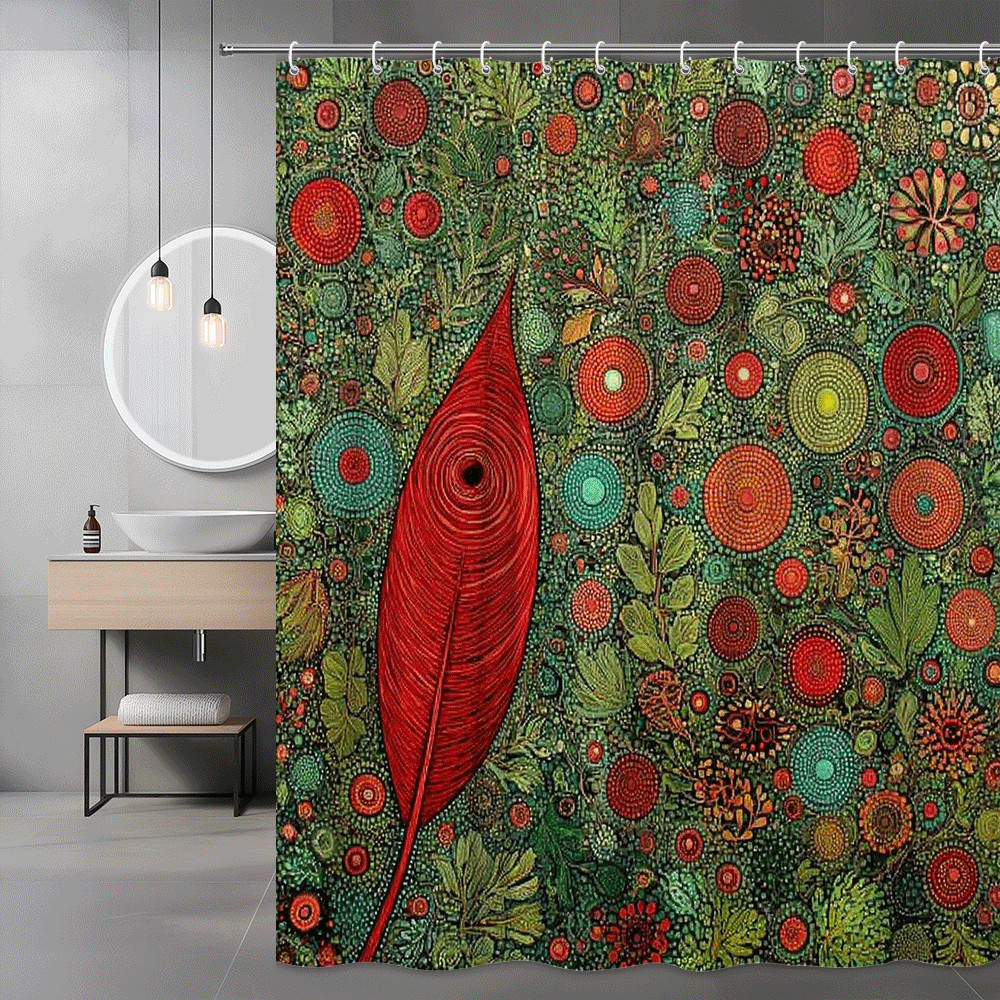 Boho Floral Leaf Print Shower Curtain Red Green Abstract