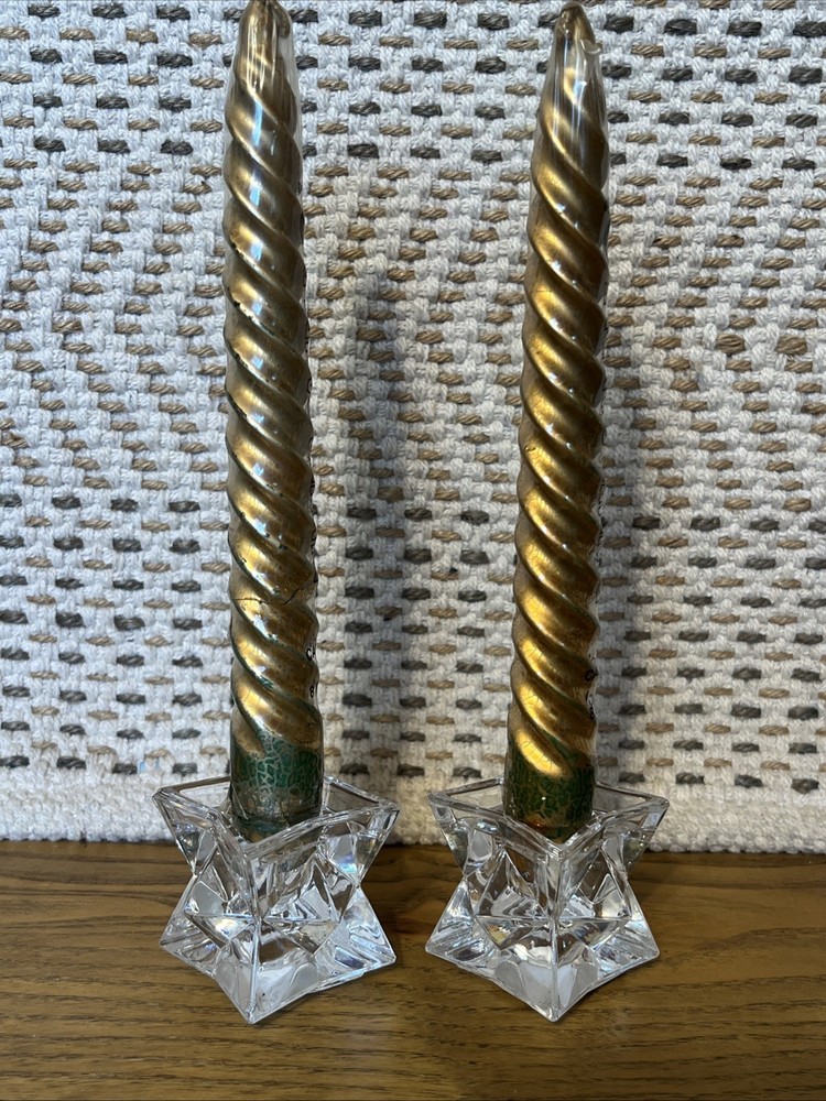 Vtg Pair Lead Crystal Star-Shaped Candle taper Holders 1.75 inch Elegant