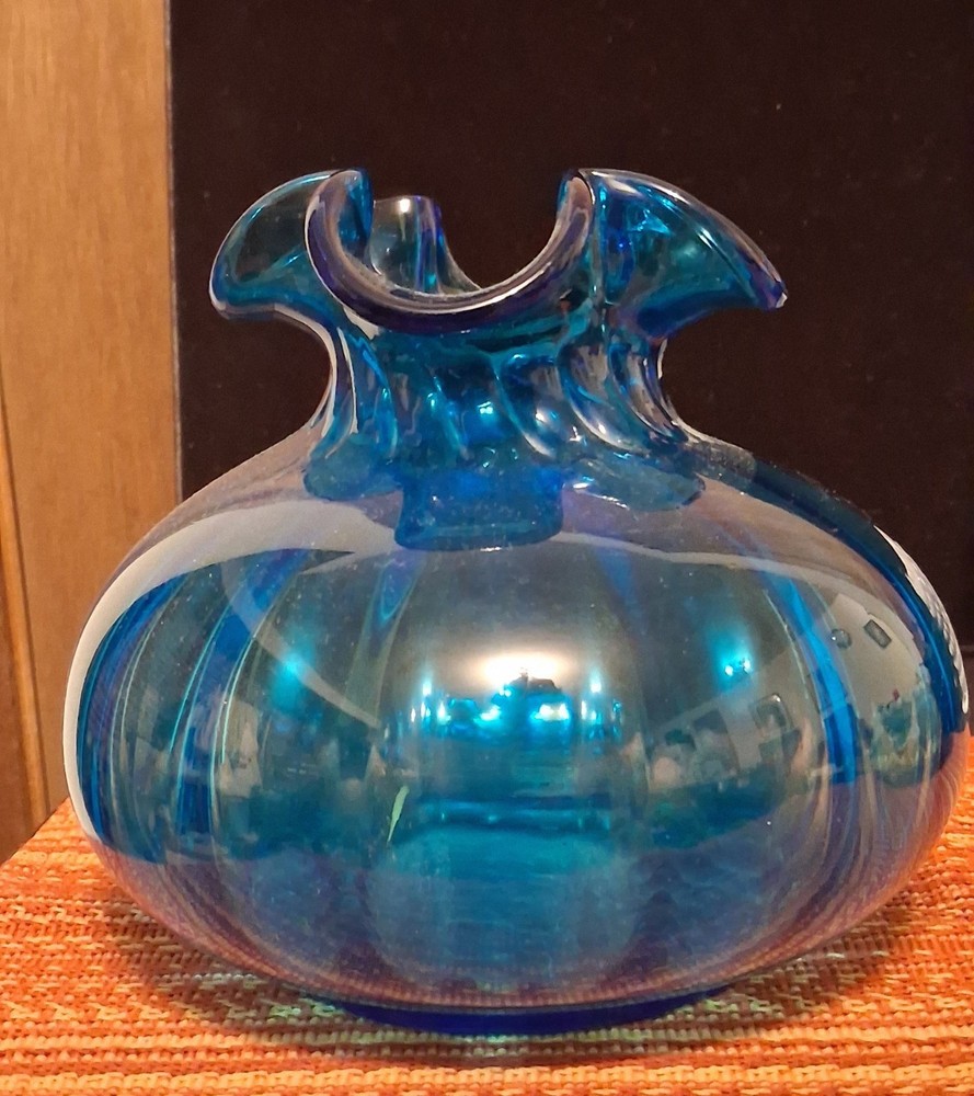 1940s Beacon Hofbauer Blown Optic Glass Onion Vase Aqua Peacock Blue Hand Blown
