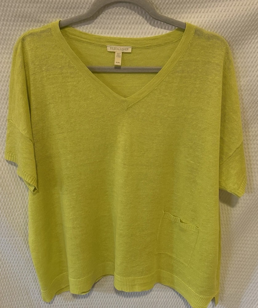 Eileen Fisher Green Organic Linen Knit V-Neck Short Sleeve Blouse Size M