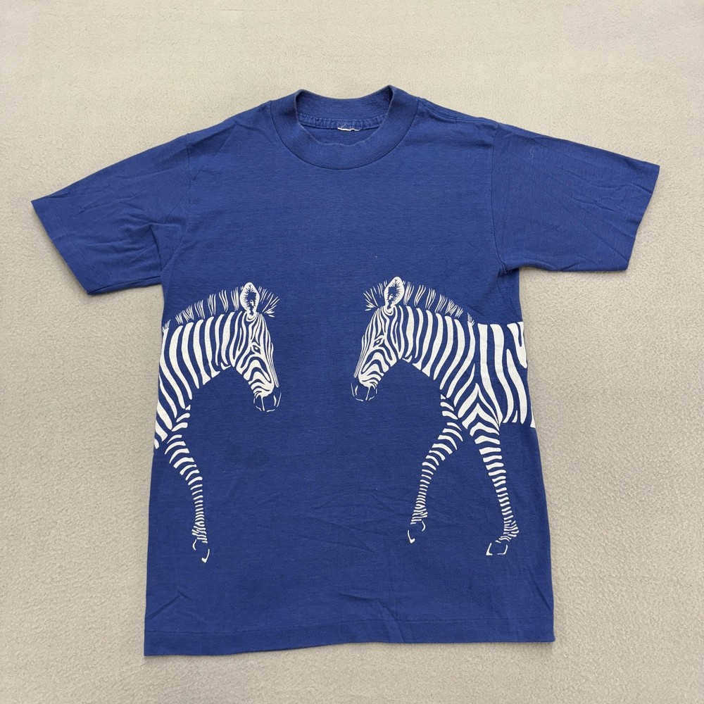 Vintage Zebra Shirt Mens small Blue Harlequin Nature Graphics Animal 90s