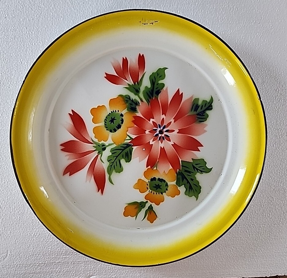 VTG ENAMELWARE Metal Flowers Airbrushed Handpainted Serving Tray Plate 14