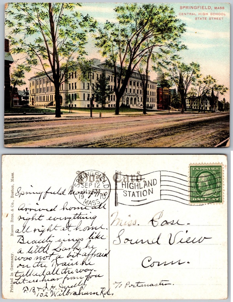 Springfield MA Central High School State Street Postcard