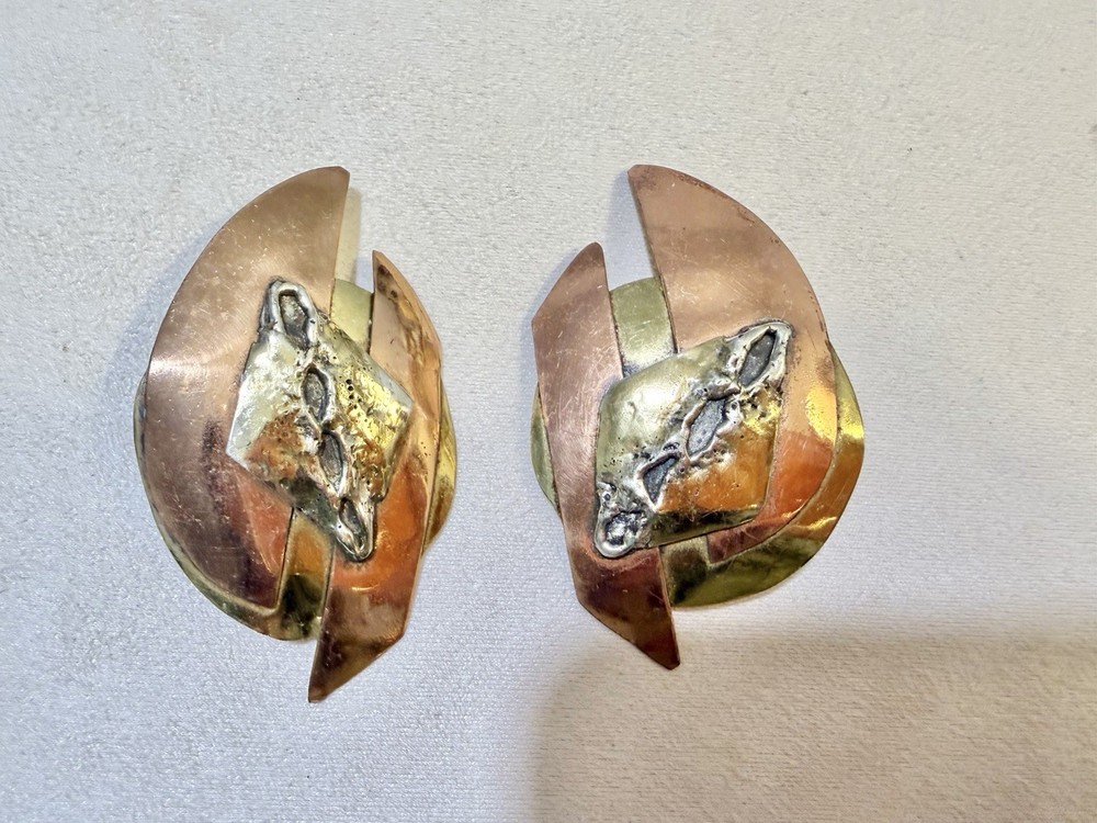 Vintage Brutalist Mixed Metal Clip Earrings Copper Brass Modernist