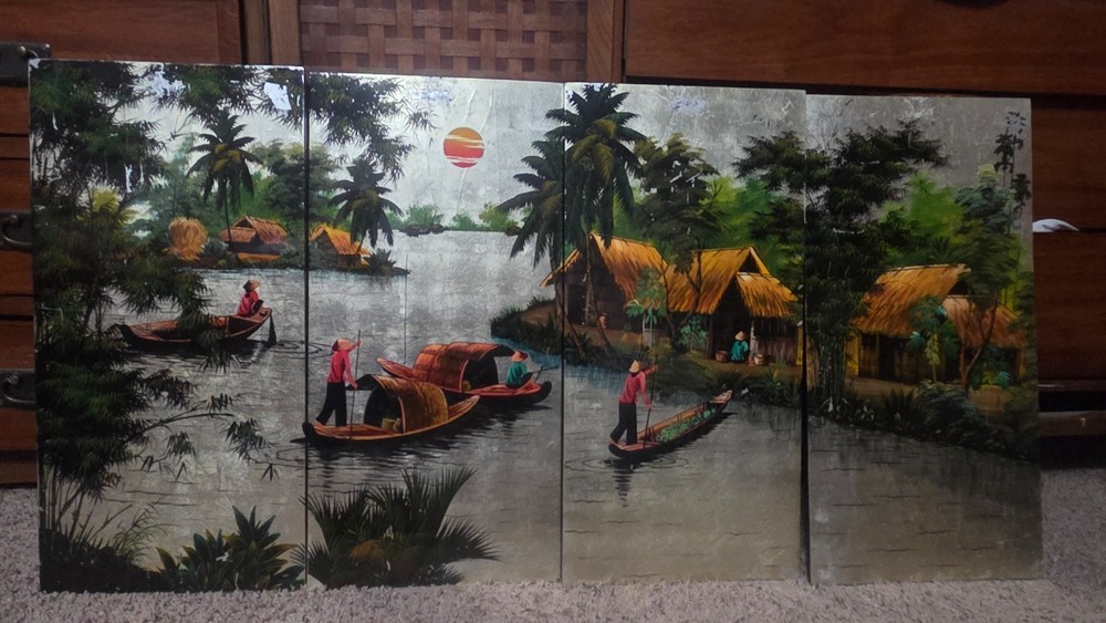 Vintage 4 Panel Vietnamese Village Lacquered Gold Leaf Landscape Painting