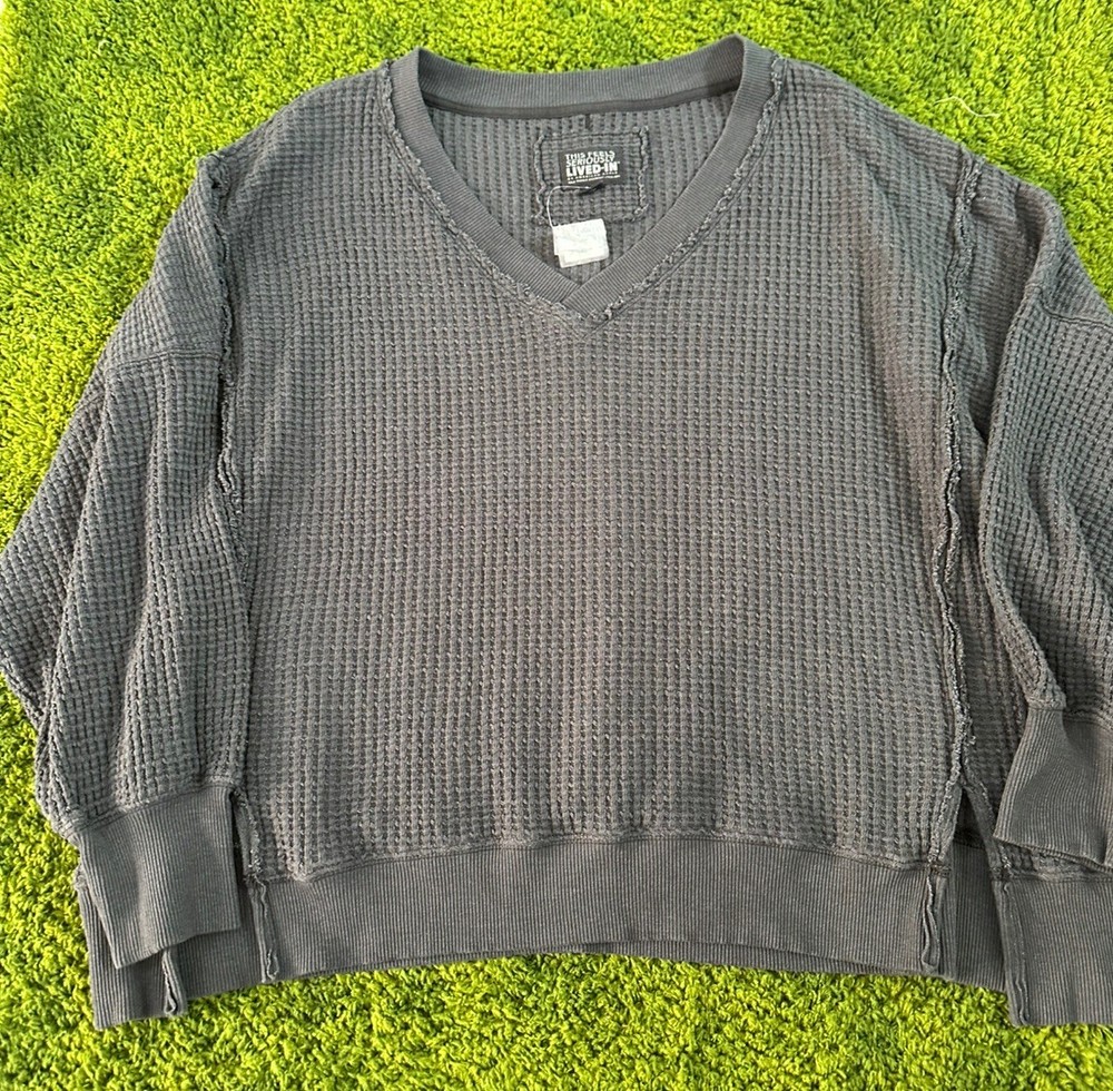AMERICAN EAGLE THIS FEELS SERIOUSLY LIVED IN GRAY WAFFLE KNIT SHIRT  LARGE NEW