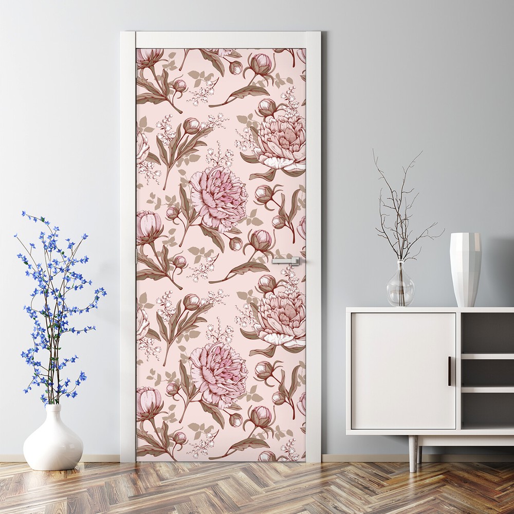 Adhesive Door sticker Pink Peonies Floral Wall Covering Watercolour Home Decor