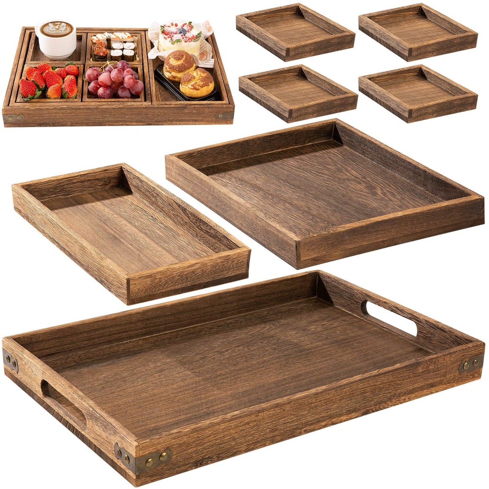 Rustic Wooden Serving Trays Set Of 7 Rectangular Nesting Trays W/ Handles