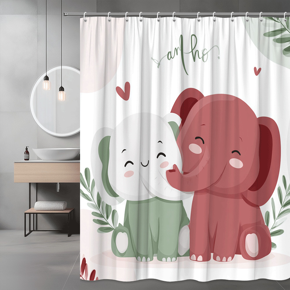 Cute Elephant Couple Shower Curtain Floral Kids Nursery