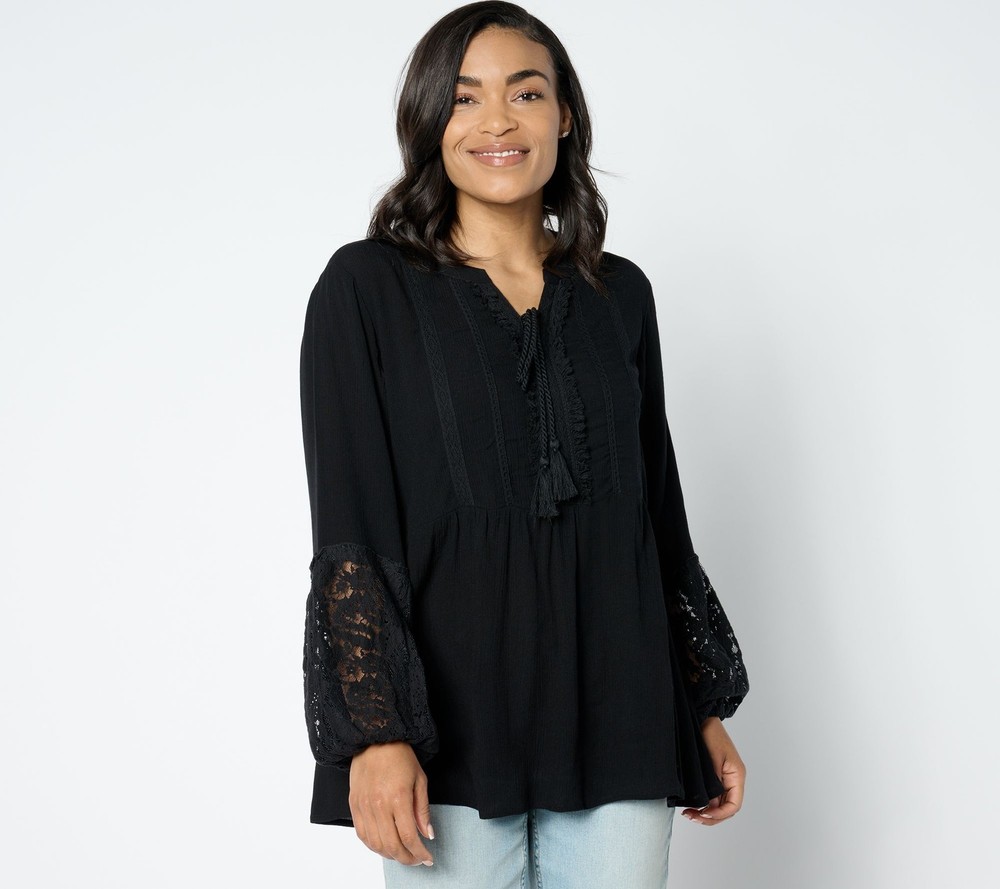 Susan Graver Women's Top Sz XS PURE Sheer Crinkled Gauze Lace Black A649296