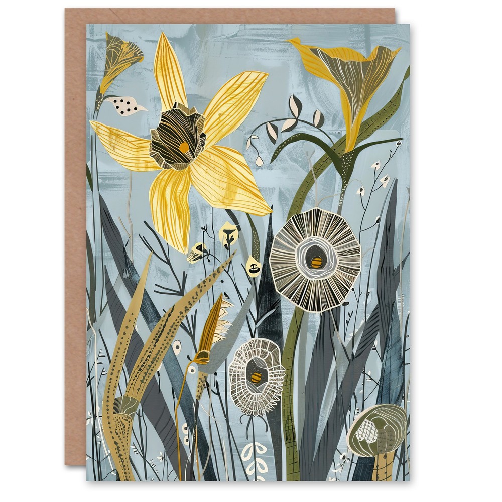 Greeting Card Abstract Daffodils Bloom Rustic Artwork Spring Blank Birthday