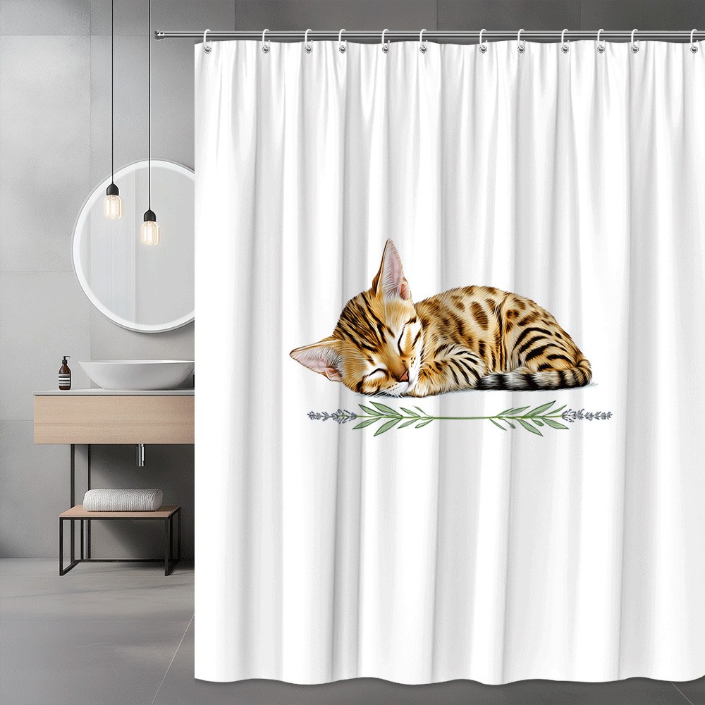 Sleeping Cat Shower Curtain Floral Graphic White Background