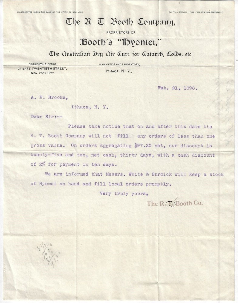 Ithaca NY RT Booth Company Hyomei Catarrah 1898 Antique Letterhead