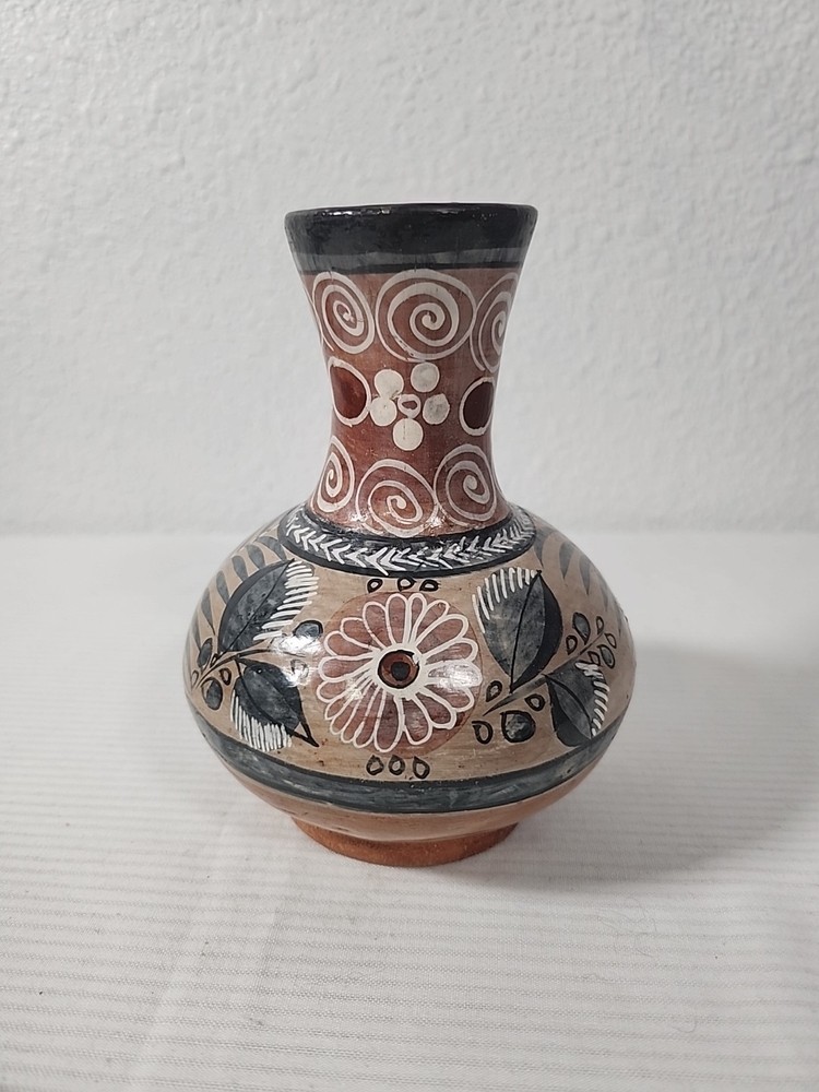 Tonala Style Folk Art Pottery Vase Hand Painted Floral 5 1/2