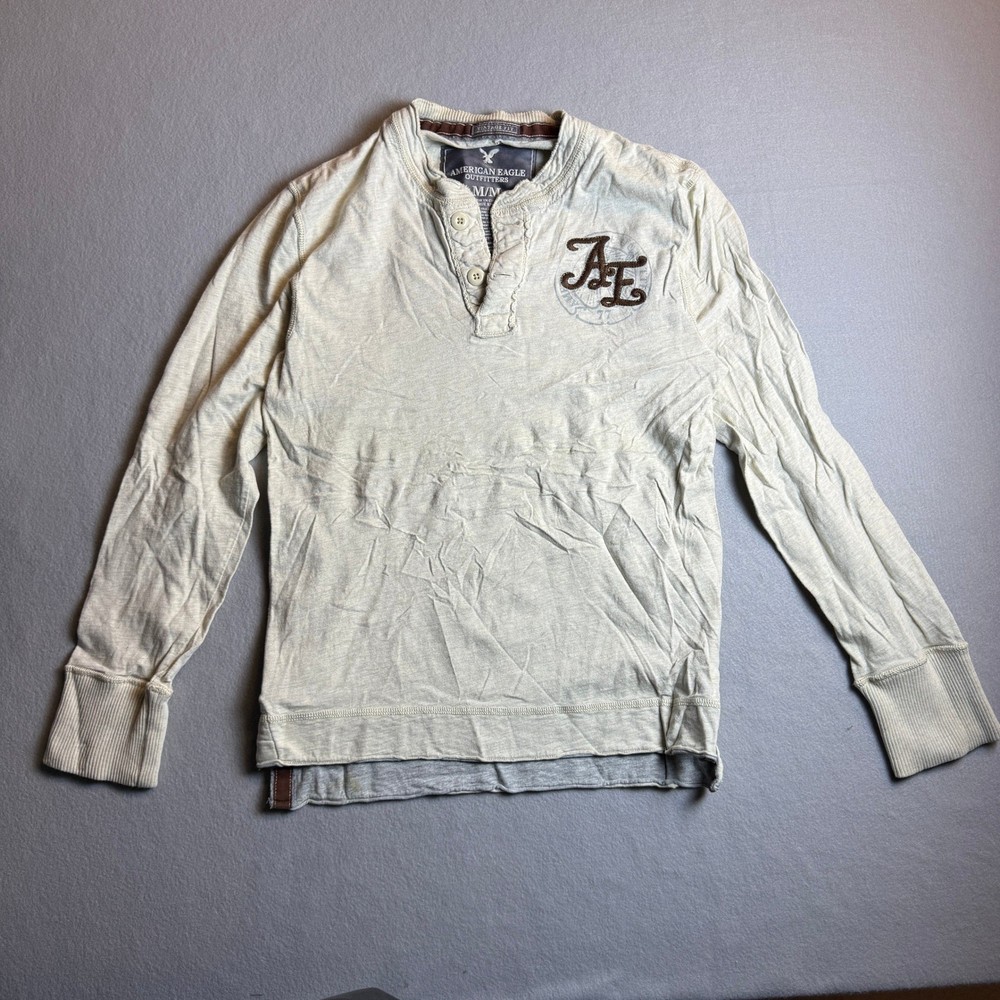 American Eagle Outfitters Mens Medium Henley Long Sleeve Shirt Vintage Fit Cream