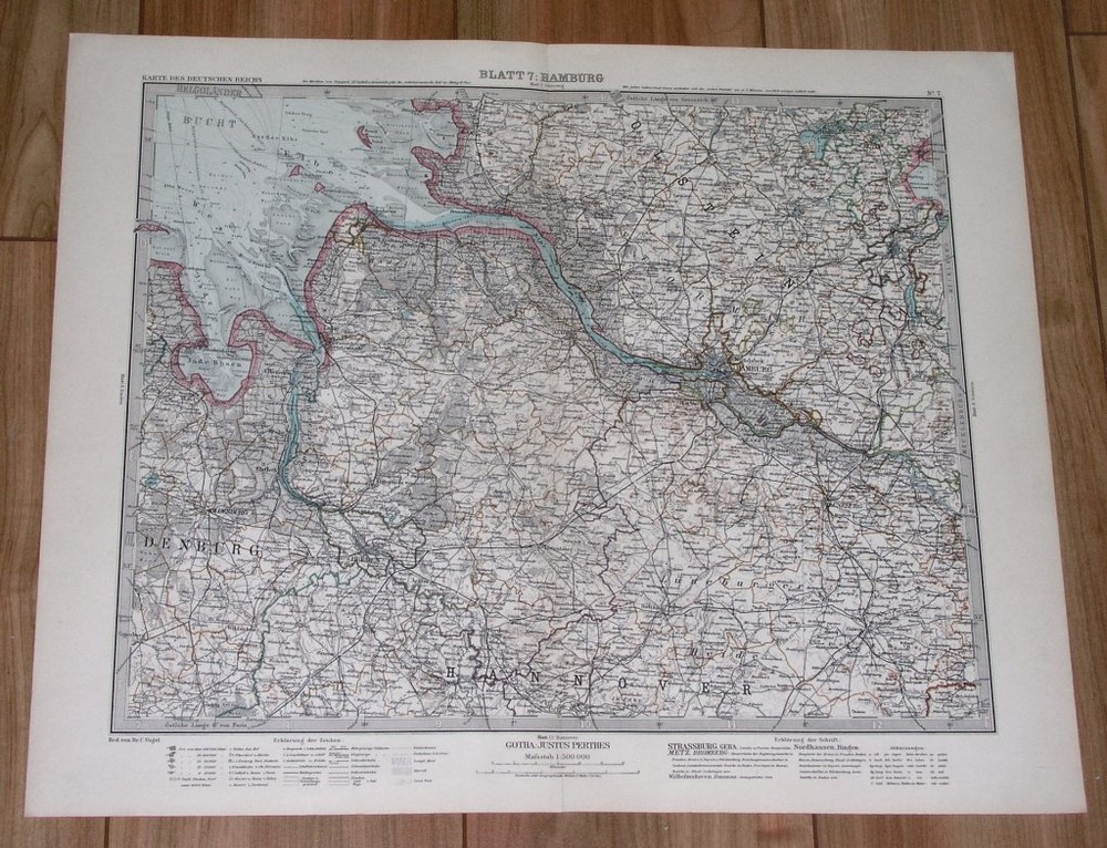1908 Original Antique Map Of Hamburg And Vicinity / Germany / Scale 1:500.000