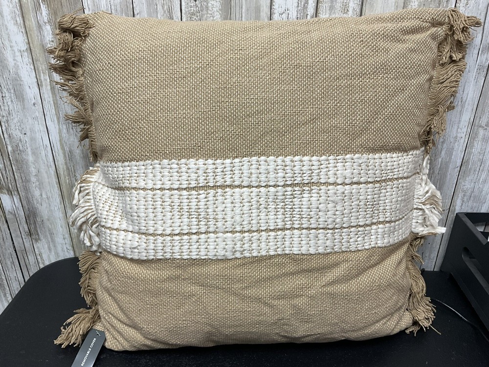 Woven Striped Square Throw Pillow with Fringed Trim in Neutral Cream Cotton