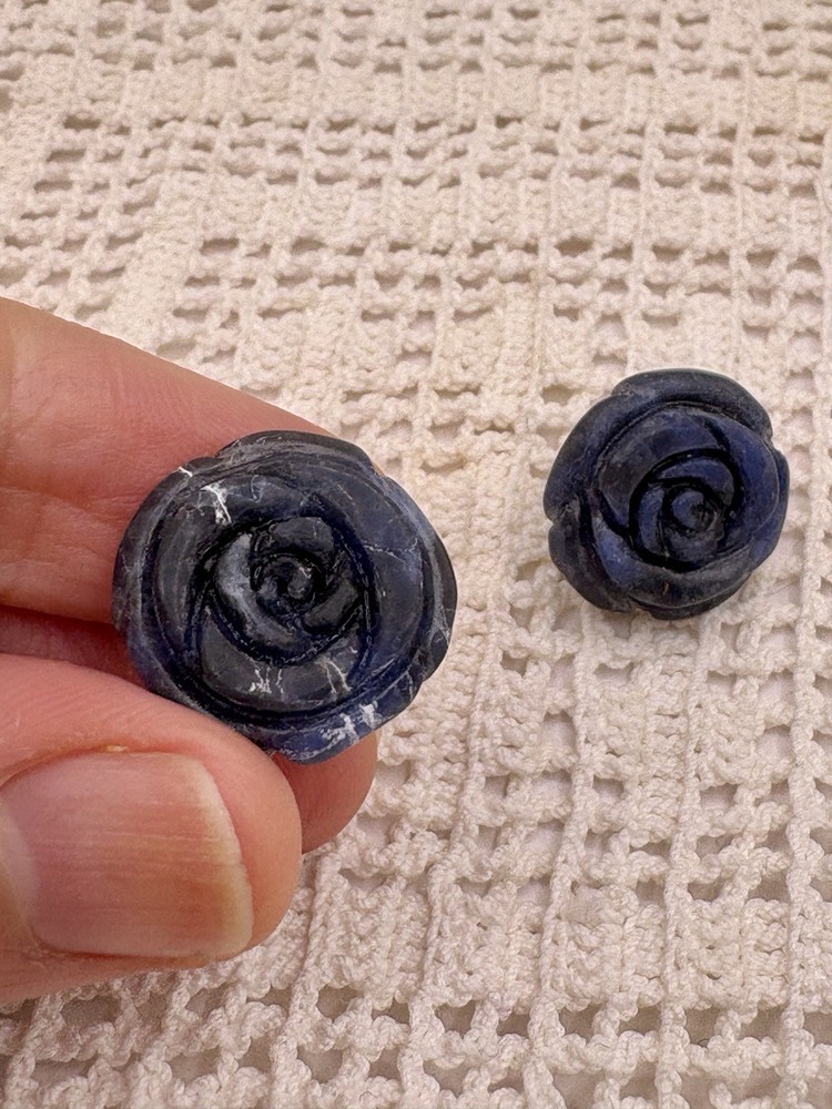 Vintage Blue Carved Rose Sterling Silver Post Earrings Sodalite Stone 1/2 Inch