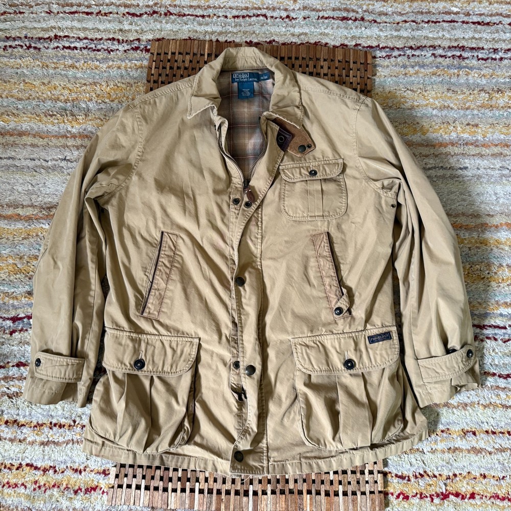 Polo Ralph Lauren Flannel Lined Military Jacket Khaki Men's Large VTG