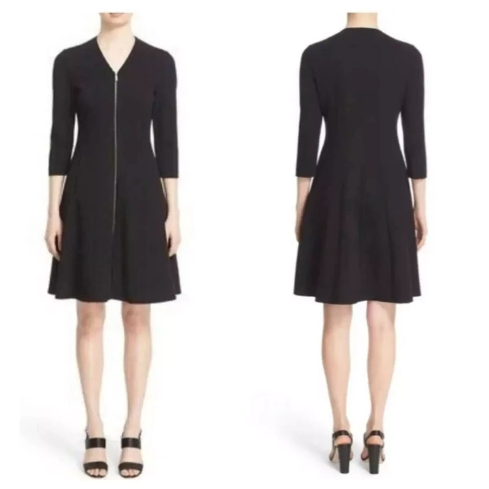 Lafayette 148 Navy Dress Rosalie A-Line 3/4 Sleeve Full Front Zip Size 2 Midi