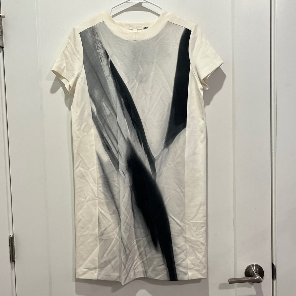 COS White Abstract Graphic Print Short Sleeve Shift T-Shirt Dress Size S-image
