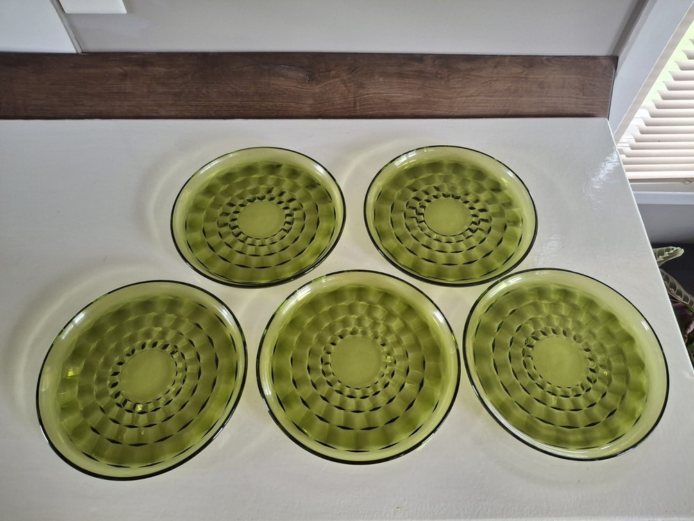 Indiana Glass Whitehall Cubist Avocado Green Snack Salad Plates (5) Vintage 9