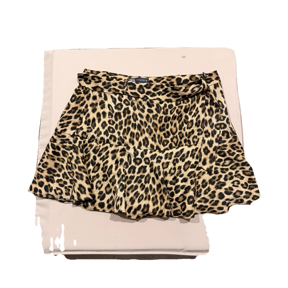 ZARA XL Women's Leopard Print Ruffle Mini Skirt Brown Black