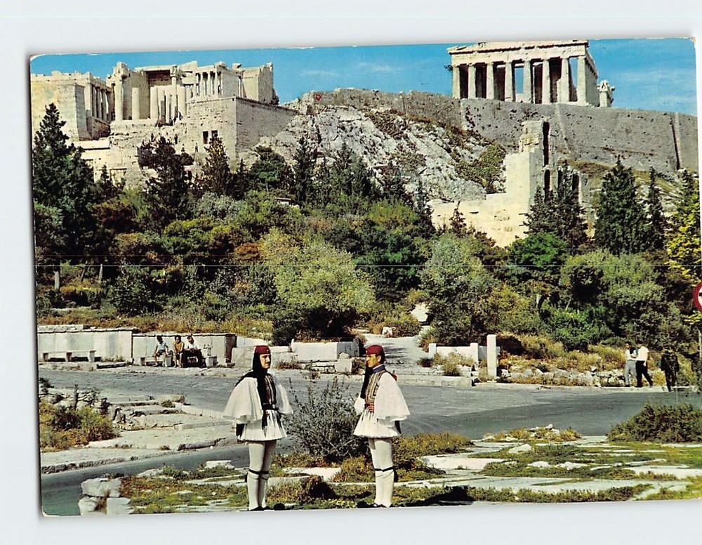 Postcard View of the Acropolis and Evzones Royal Guard Athens Greece