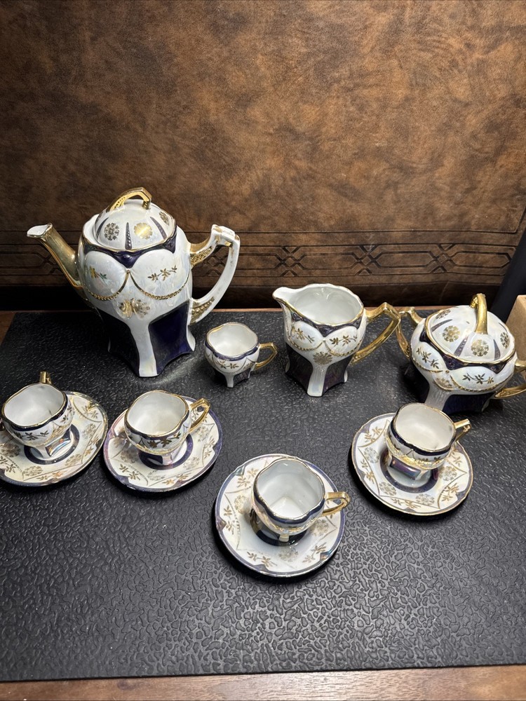 1920s Antique German Petite Tea Set Vintage Porcelain Purple Luster Germany