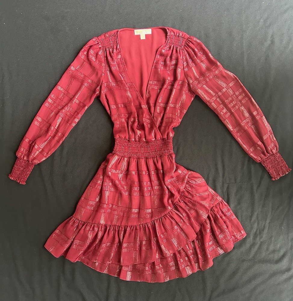 Michael Kors Red Metallic Plaid Long Sleeve Smocked Waist Ruffle Dress Size M