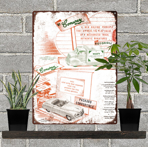 1949 Toy Conway Kraft Cheese Food Delivery Truck Packard Metal Sign 9x12