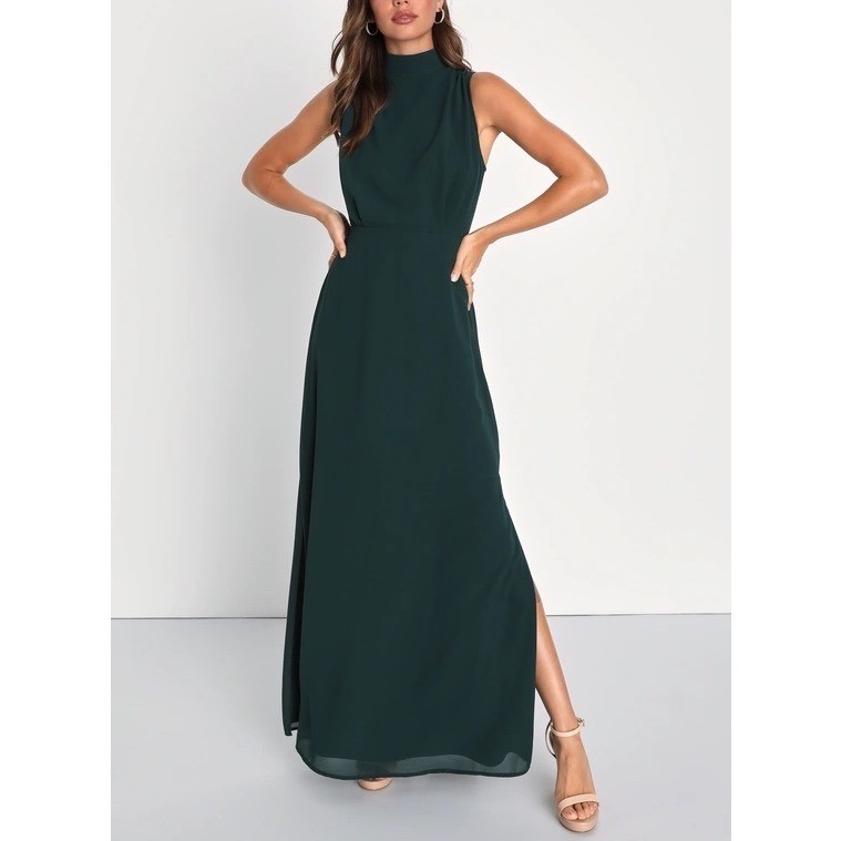 Lulus Classic Elegance Emerald Chiffon Maxi Dress Women's XL Green Mock Neck