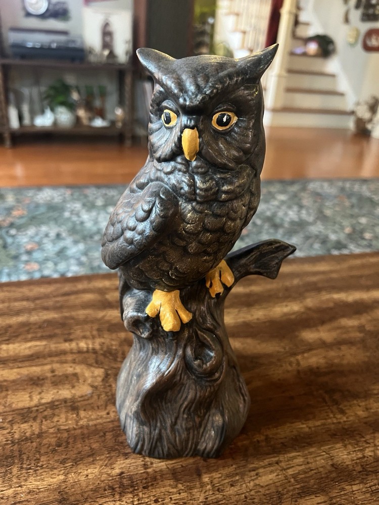 Vintage 10 Ceramic Owl Figurine on Tree Branch Base 1984