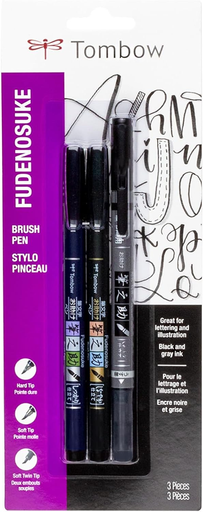 62039 Fudenosuke Brush Pens, 3-Pack. Soft, Hard, and Twin Tip Markers for Callig