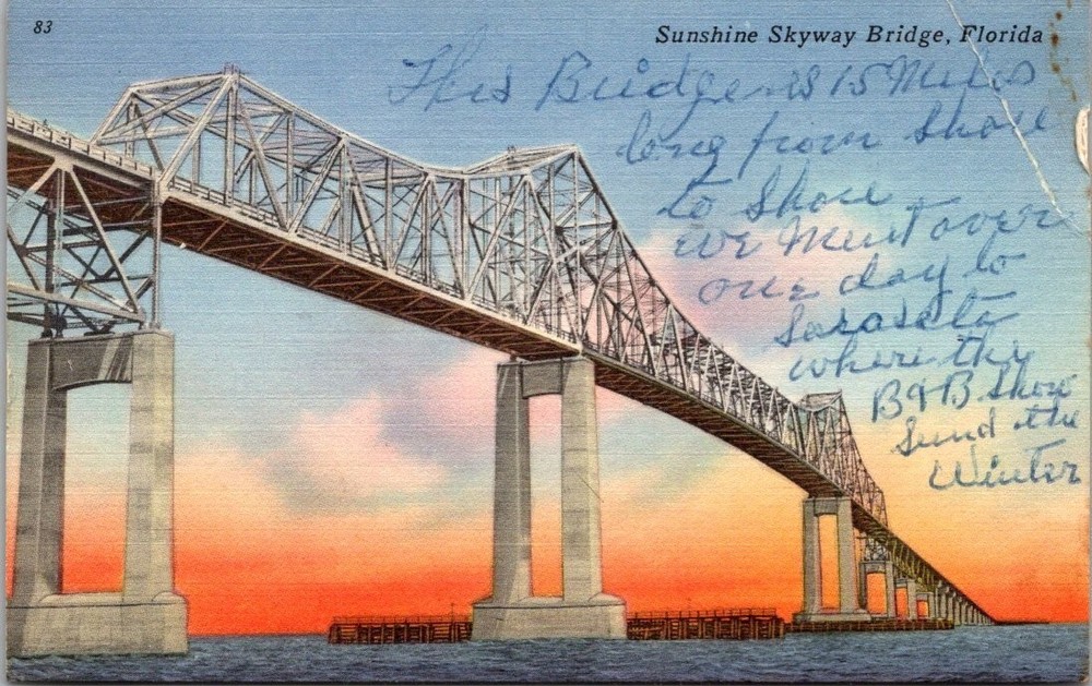 1955 Sunshine Skyway Bridge Florida Linen Postcard Tichnor Posted