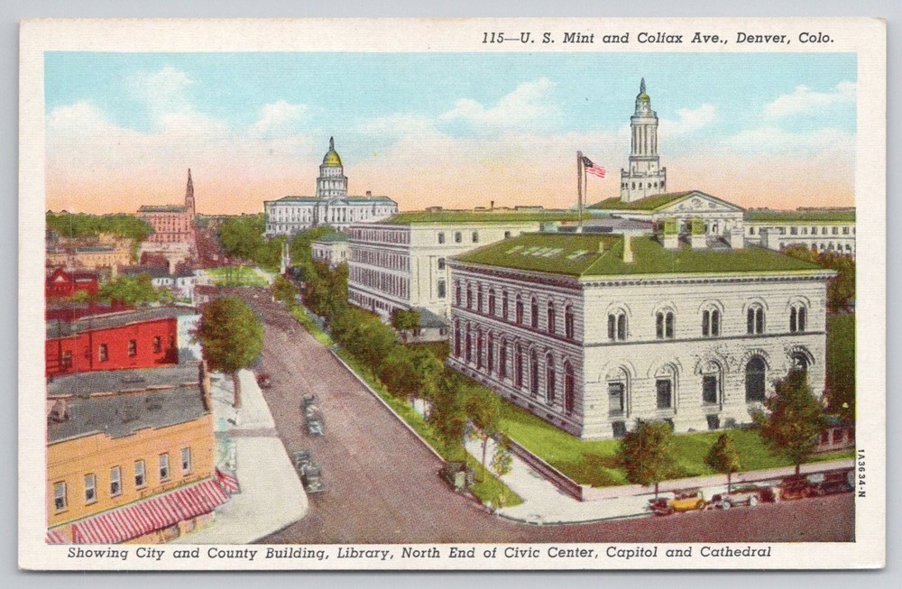 Vintage Linen Postcard Denver Colorado U.S. Mint Colfax Ave Capitol Civic Center