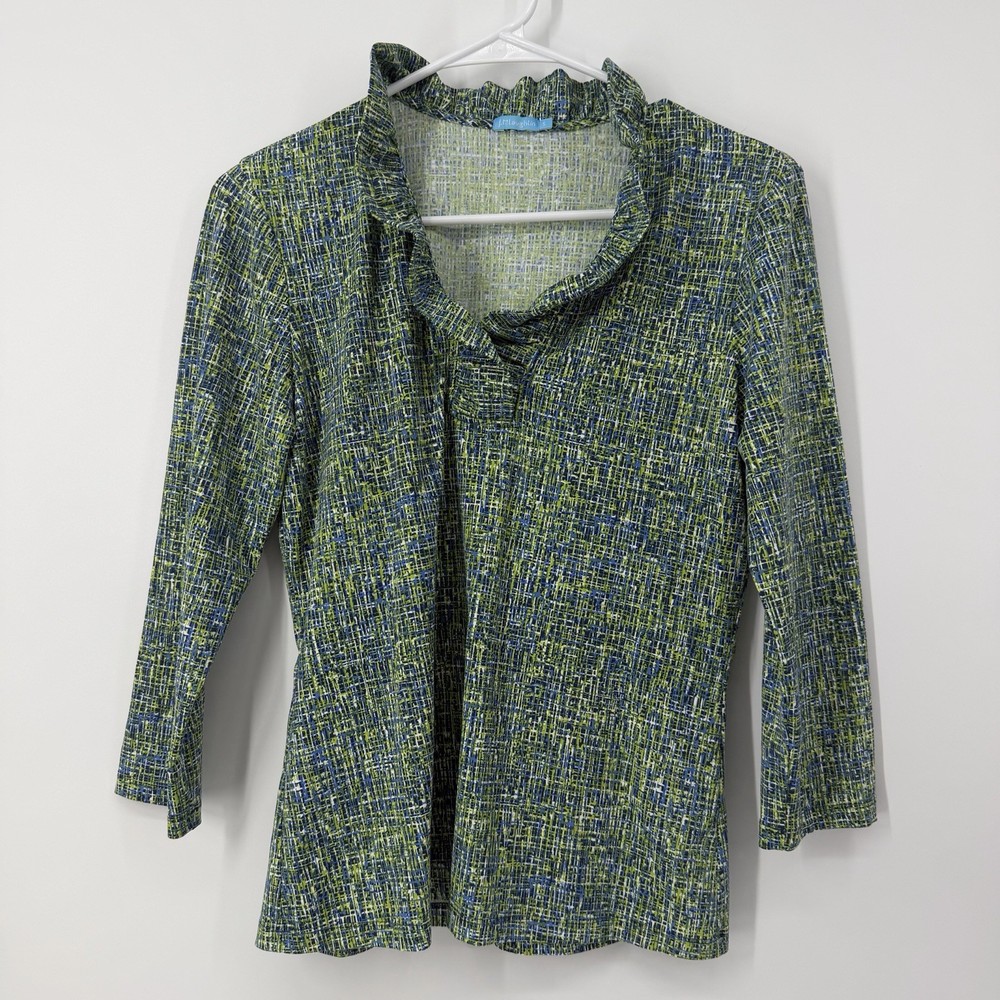 J. McLaughlin Catalina Cloth Durham Ruffle Blouse Green Blue Old Size Small