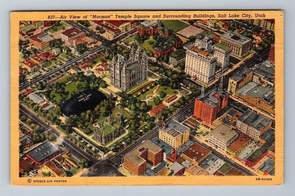 Salt Lake City UT-Utah, Air View, Mormon Temple Square, c1946, Vintage Postcard