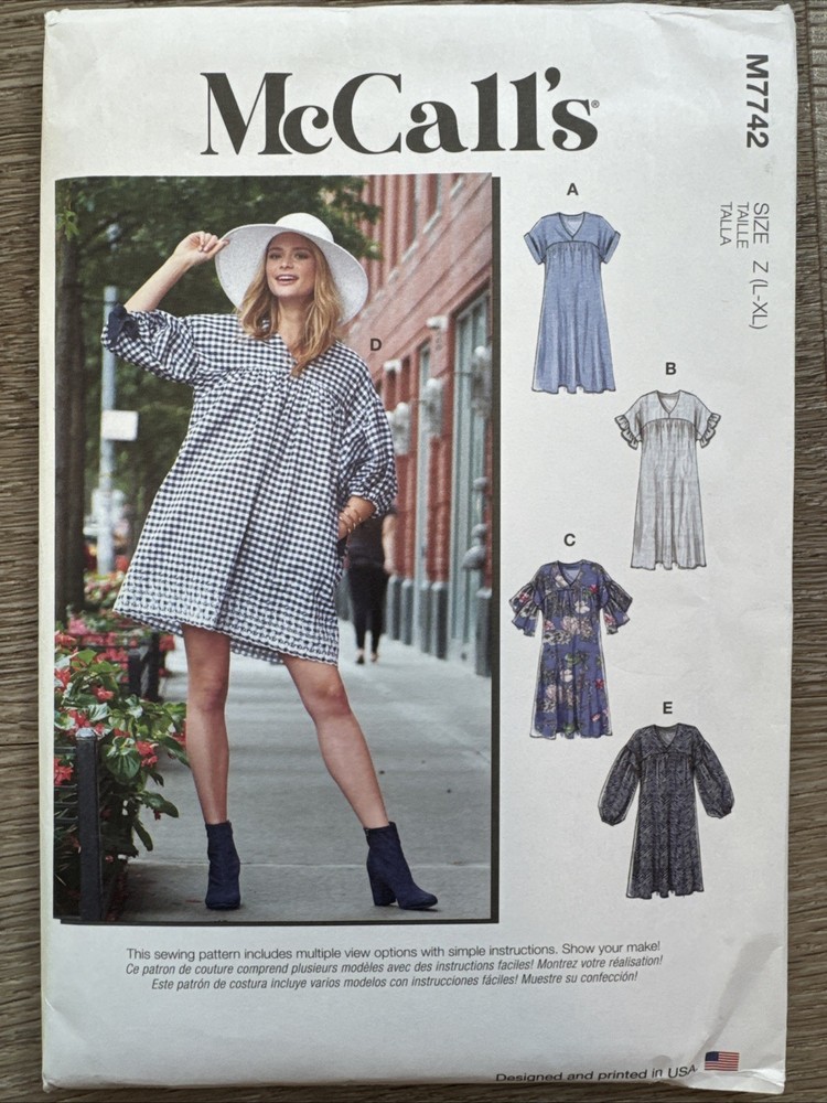 McCalls 7742 Ruffle Tunic Boho Top Babydoll Dress, L-XL 16-22, Uncut FF