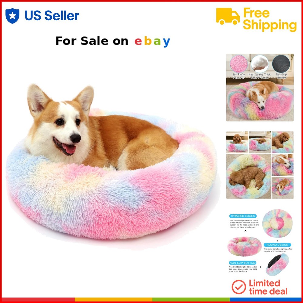 28 Inch Round Plush Donut Dog Bed with Faux Fur Washable Calming Comfort