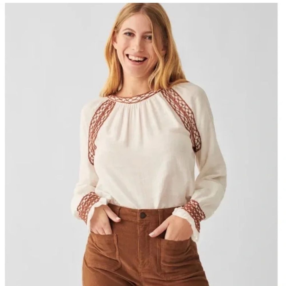 Faherty Arles Embroidered Womens Cream Brown Boho Blouse